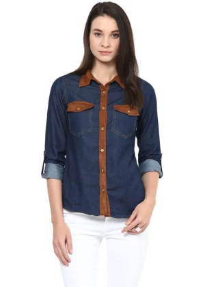 Generic Women's Denim Cotton based Solid Long Sleeves Shirt (Blue)
