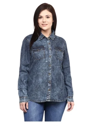 Generic Women's Denim Solid Long Sleeves Shirt (Blue)