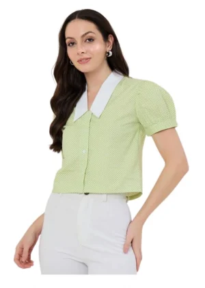 Generic Women's Cotton Striped Half Sleeve Shirt (Green - White)