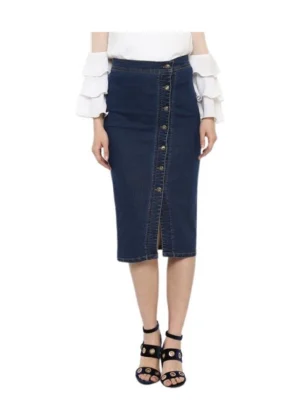 Generic Women's Denim Front Button Buttoned Skirt (Blue)