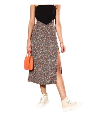 Generic Women's Polyester Floral Side Zip Skirt (Grey - Coral)