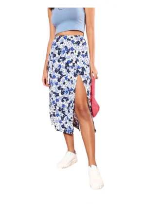 Generic Women's Polyester Floral Side Zip Skirt (Blue - White)