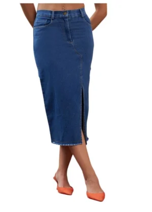 Generic Women's Denim Lycra Solid Button Skirt (Blue)