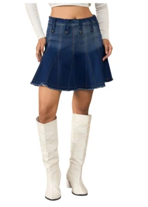 Generic Women's Denim Washed Buttoned Skirt (Blue)