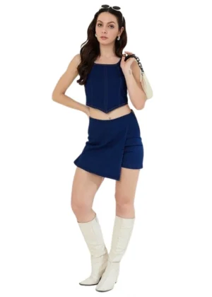 Generic Women's Denim Lycra Solid Zip Closure Skorts (Navy)