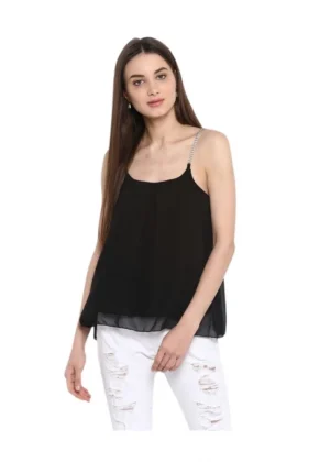 Generic Women's Polyester Embellished Shoulder Straps Top (Black)