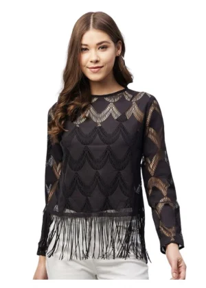 Generic Women's Lace Self Design Short Sleeve Top (Black)