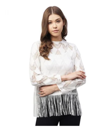 Generic Women's Lace Self Design Short Sleeve Top (White)