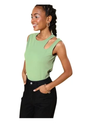 Generic Women's Polyester Lycra Solid Sleeveless Top (Green)