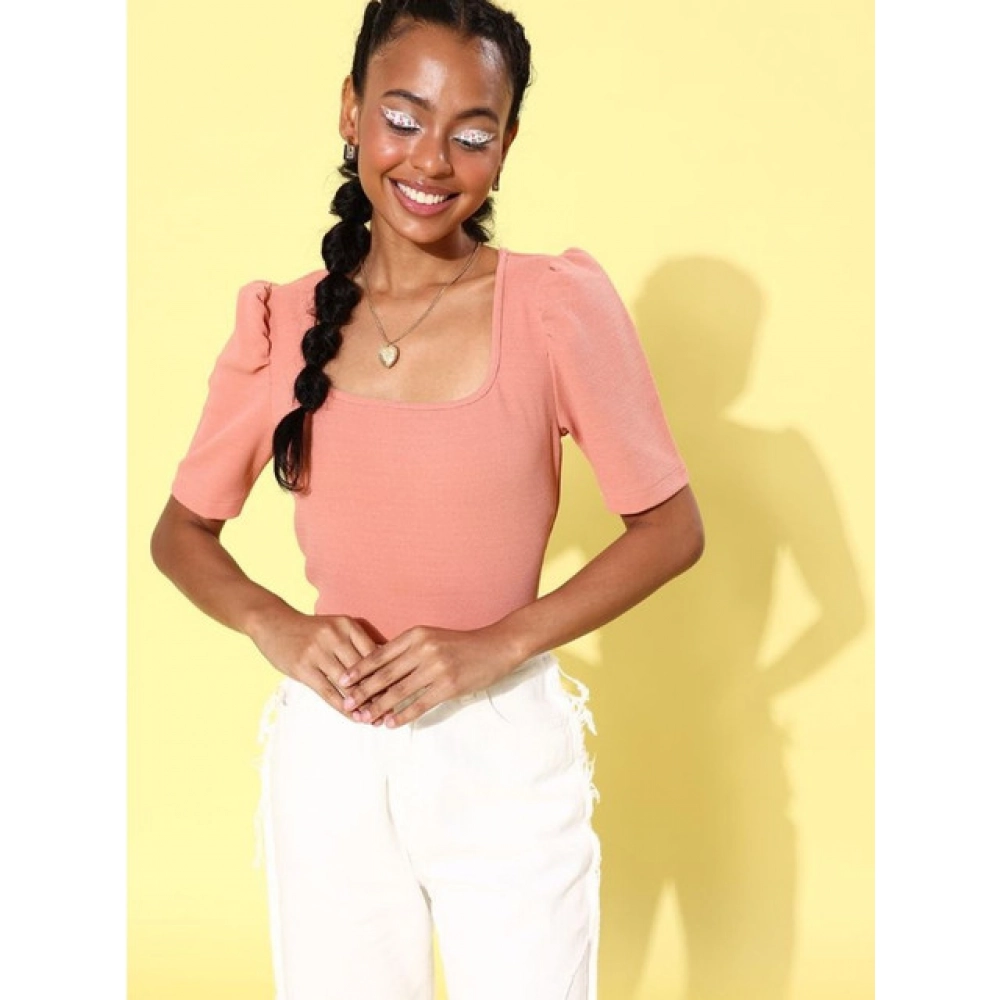 Generic Women's Polyester Lycra Solid Short Sleeve Top (Pink) - Image 3