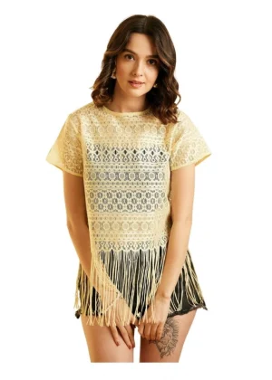 Generic Women's Polyester Lace Self Design Short Sleeve Top (Yellow)