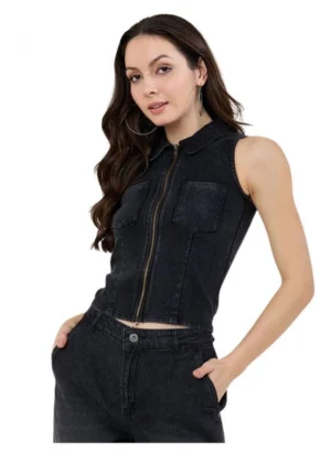 Generic Women's Denim Lycra Solid Sleeveless Top (Black)