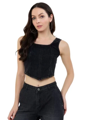 Generic Women's Denim Lycra Solid Sleeveless Top (Black)