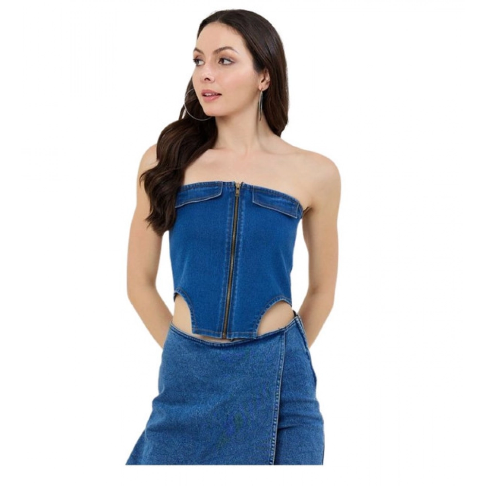 Generic Women's Denim Lycra Solid Sleeveless Top (Blue)