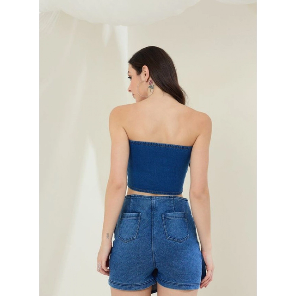 Generic Women's Denim Lycra Solid Sleeveless Top (Blue) - Image 2