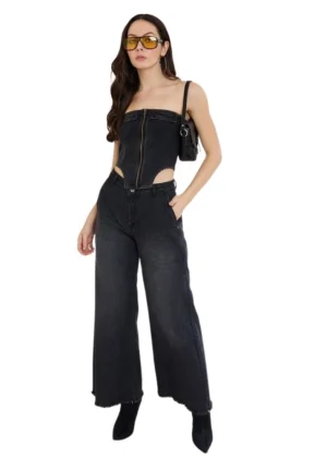 Generic Women's Denim Lycra Solid Sleeveless Top (Black)