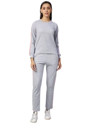 Generic Women's Cotton Solid Long Sleeves Tracksuit (Light Grey - Pink)