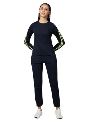Generic Women's Cotton Solid Long Sleeves Tracksuit (Navy - Green)