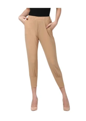 Generic Women's Polyester Solid Elasticated Trousers (Beige)