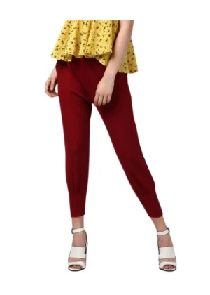 Generic Women's Polyester Solid Elasticated Trousers (Maroon)