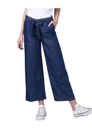 Generic Women's Denim Solid Elasticated Trousers (Blue)