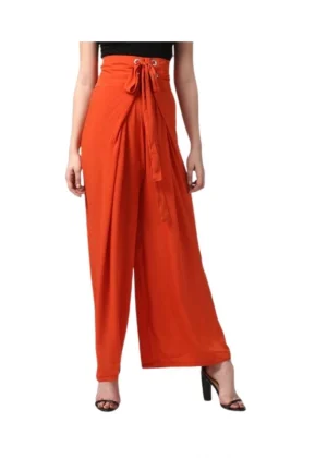 Generic Women's Polyester Solid Smocked Trousers (Orange)