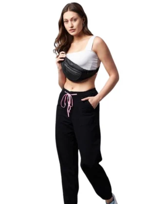 Generic Women's Cotton Twill Solid Elasticated Trousers (Black)
