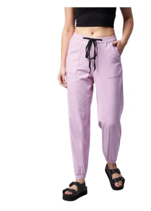 Generic Women's Coton Twill Solid Elasticated Trousers (Lavender)