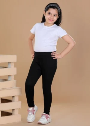 Generic Girl's Cotton Lycra Solid Elasticated Leggings (Black)