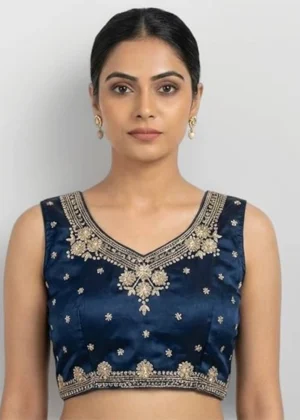 Generic Women's Silk Embroidered V-Neck Sleeveless Readymade Padded Blouse (Blue, Size 38)