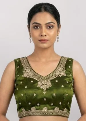 Generic Women's Silk Embroidered V-Neck Sleeveless Readymade Padded Blouse (Mahendi, Size 38)