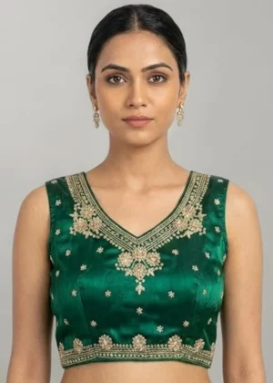 Generic Women's Silk Embroidered V-Neck Sleeveless Readymade Padded Blouse (Green, Size 38)