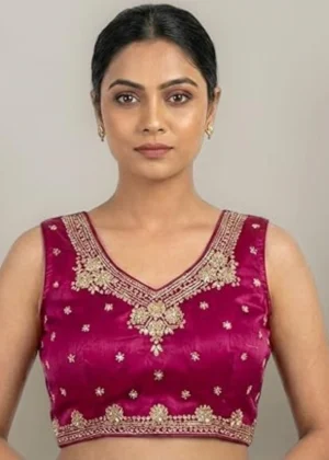 Generic Women's Silk Embroidered V-Neck Sleeveless Readymade Padded Blouse (Pink, Size 38)