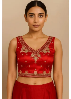 Generic Women's Silk Embroidered V-Neck Sleeveless Readymade Padded Blouse (Red, Size 38)