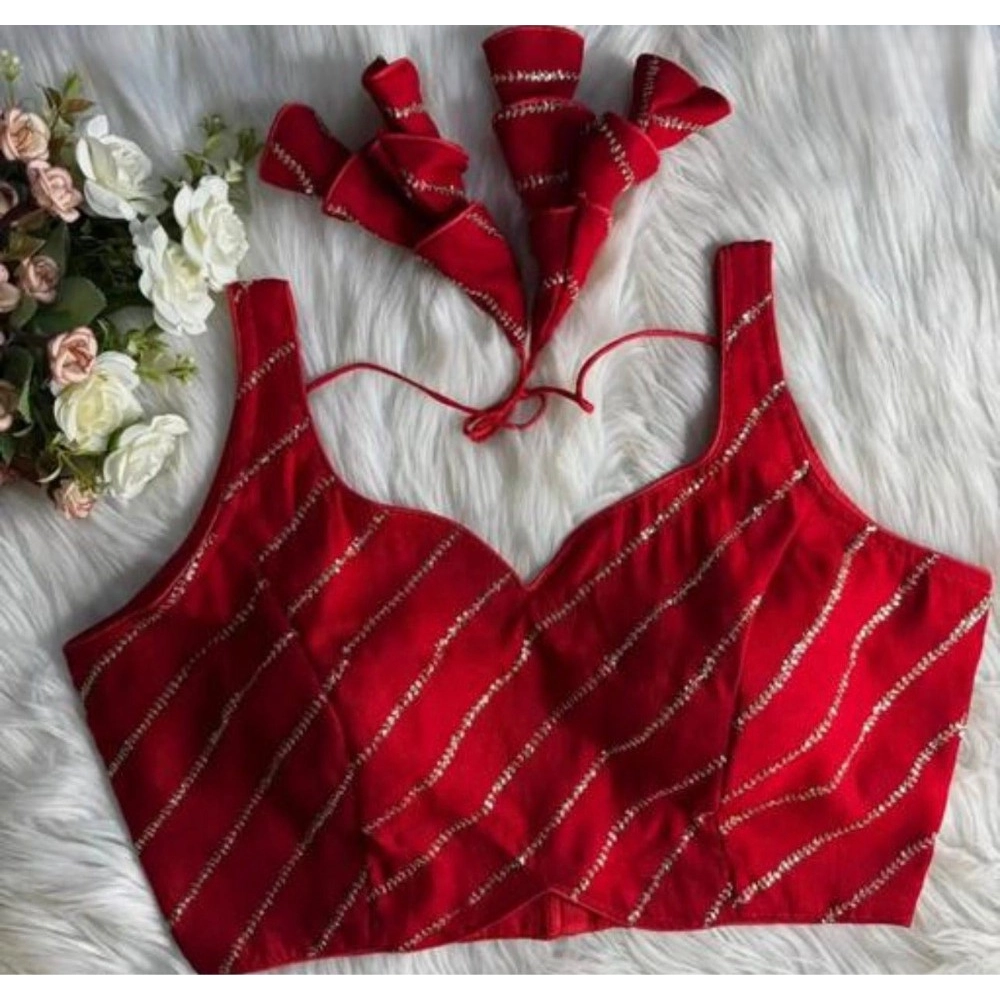 Generic Women's Silk Embellished Sweetheart Neck Sleeveless Readymade Padded Blouse (Red, Size 38) - Image 3