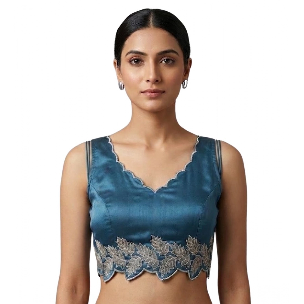 Generic Women's Silk Embroidered Sweetheart Neck Sleeveless Readymade Padded Blouse (Blue, Size 38) - Image 2