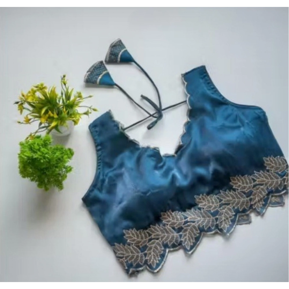 Generic Women's Silk Embroidered Sweetheart Neck Sleeveless Readymade Padded Blouse (Blue, Size 38) - Image 3