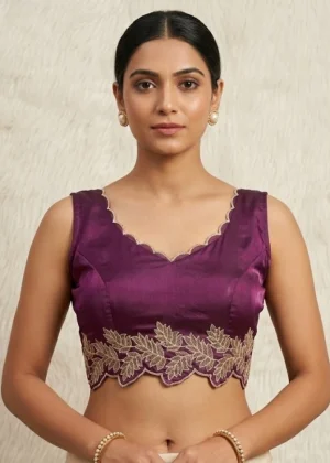 Generic Women's Silk Embroidered Sweetheart Neck Sleeveless Readymade Padded Blouse (Wine, Size 38)