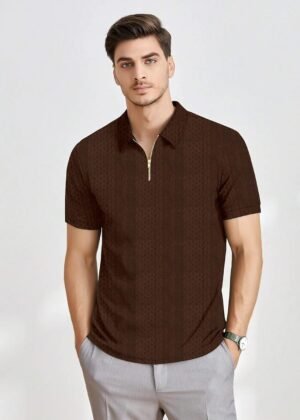 Men's Polyster Lycra Regular Fit T-Shirt with Half Sleeve Chain Polo Collar V-Neck Standard Length and Classic Style