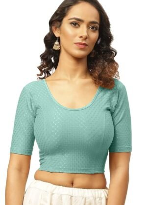 Round Neck Pure Cotton Dobby Stretchable Elbow Sleeve Readymade Saree Blouse for Women Stylish