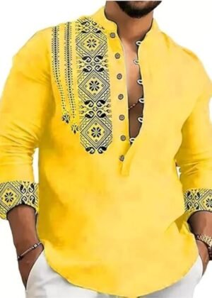 Men’s Cotton Blend Mandarin Collar Self One Design Full Sleeve Casual Short Kurta – Yellow
