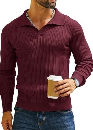 Men’s Cotton Full Sleeve Collar Polo Sweater for Men, Rib Knitted Sweaters for Men Winter