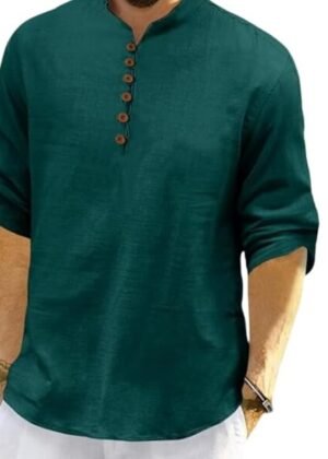 Men’s Cotton Polyester Blend Solid Regular Fit Full Sleeve Short Kurta | Ethnic, Lightweight Summer Kurta (GREEN)