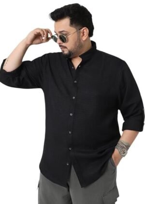 Men’s Linen Blend Full Sleeve Relaxed Fit Mandarin Collar Casual Solid Shirt – Black