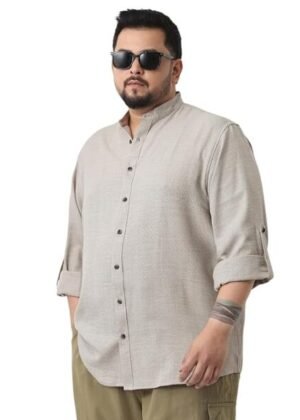 Men’s Linen Blend Full Sleeve Relaxed Fit Mandarin Collar Casual Solid Shirt – Beige