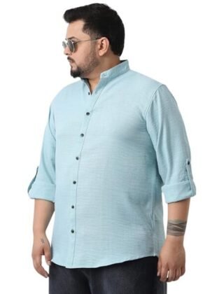 Men’s Linen Blend Full Sleeve Relaxed Fit Mandarin Collar Casual Solid Shirt – Light Blue