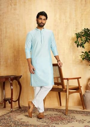 Men’s Rayon Blend Festive Embroidery Long Kurta-Regular Fit (Sky)