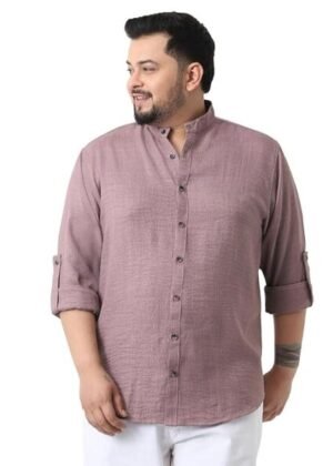 Men’s Linen Blend Full Sleeve Relaxed Fit Mandarin Collar Casual Solid Shirt – Purple