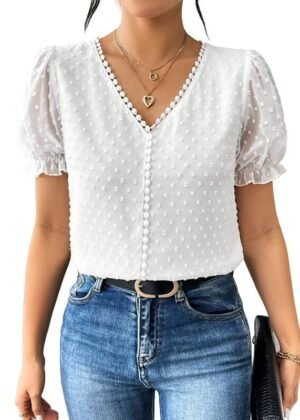Women’s Elegant French Textured Fabric Solid Color Lace Panel V-Neck Jacquard Blouse,Short Puff Sleeve Tops Simple Daily Spring/Summer Casual Blouse Shirt