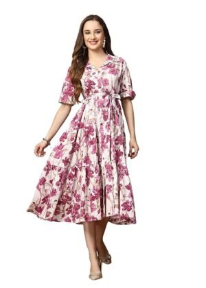Women’s Floral Printed Cotton Flared Maxi Dress (Magenta)